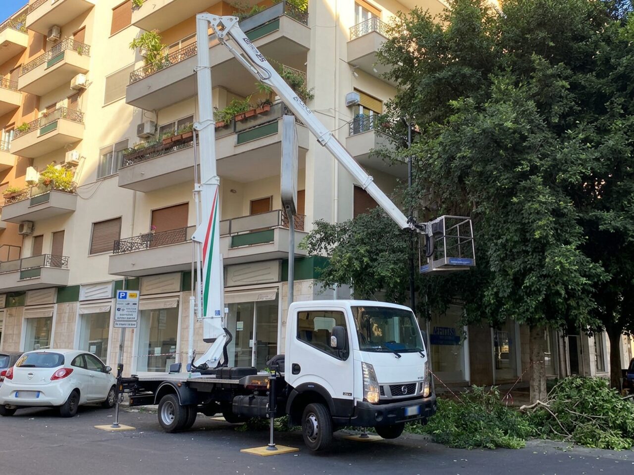 Piattaforma aerea con cestello vuoto accanto a un albero appena potato